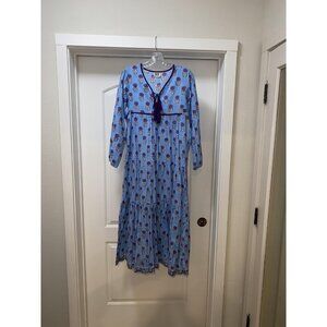 Sur La Vague Dahlia Dress Womens One Size Blue Floral Boho Maxi India Cotton